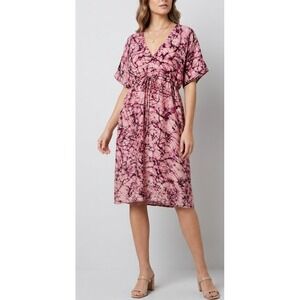 Matta Dress Pink Purple Batik Print 100% Silk Kaftan Tunic Drawstring Waist OS